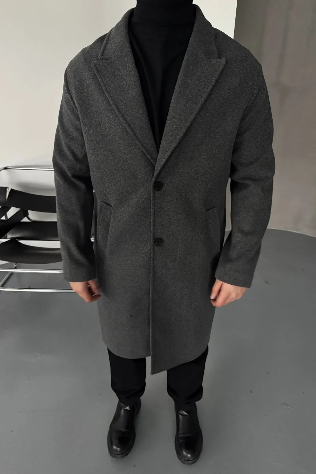 Erkek Regular Fit Düğmeli Cepli Kışlık Astarlı Klasik Uzun Kaşe Kaban - Livio Ferri