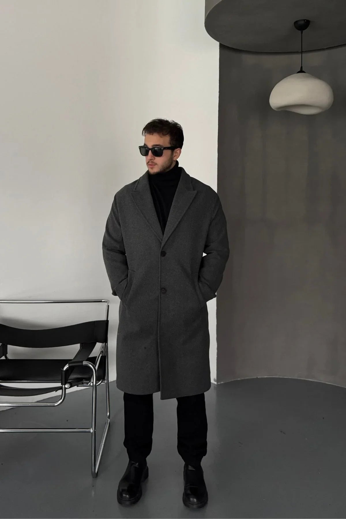 Erkek Regular Fit Düğmeli Cepli Kışlık Astarlı Klasik Uzun Kaşe Kaban - Livio Ferri