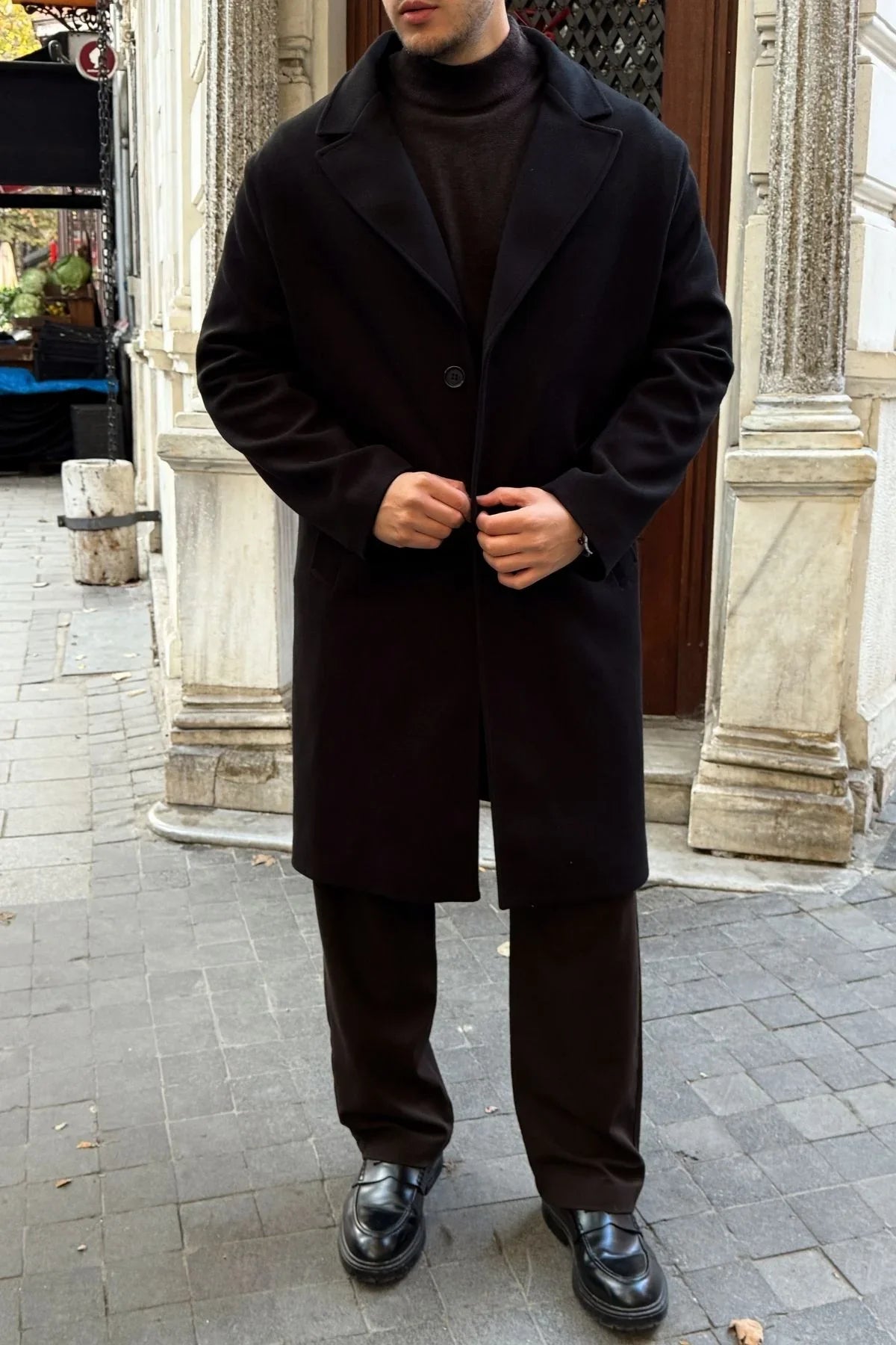 Erkek Regular Fit Düğmeli Cepli Kışlık Astarlı Klasik Uzun Kaşe Kaban - Livio Ferri