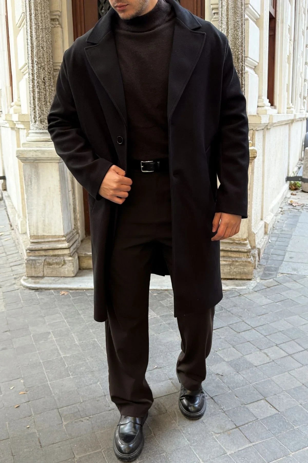 Erkek Regular Fit Düğmeli Cepli Kışlık Astarlı Klasik Uzun Kaşe Kaban - Livio Ferri