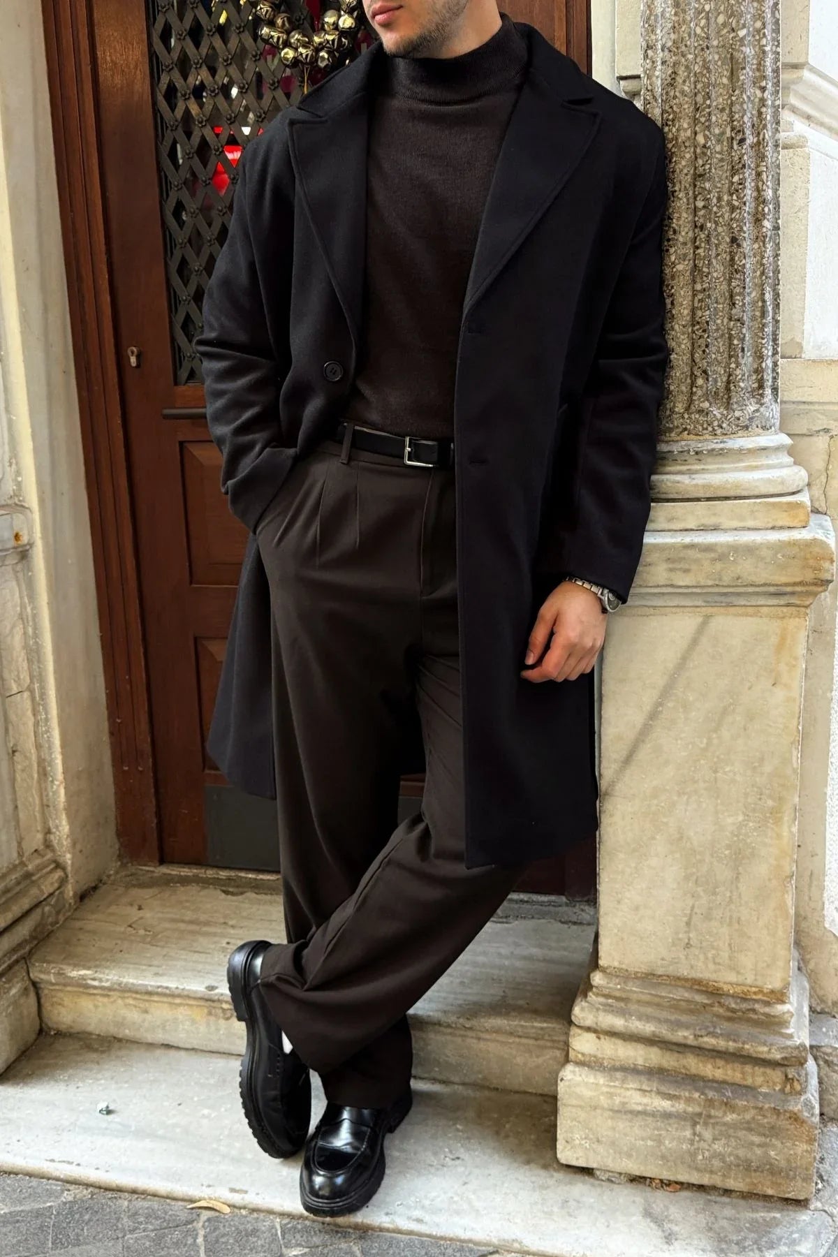 Erkek Regular Fit Düğmeli Cepli Kışlık Astarlı Klasik Uzun Kaşe Kaban - Livio Ferri