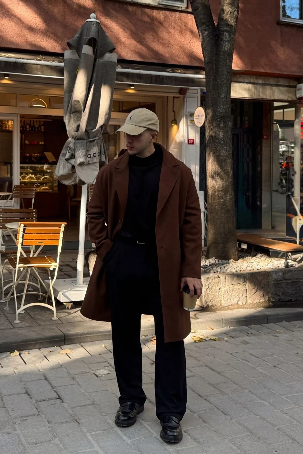 Erkek Regular Fit Düğmeli Cepli Kışlık Astarlı Klasik Uzun Kaşe Kaban - Livio Ferri