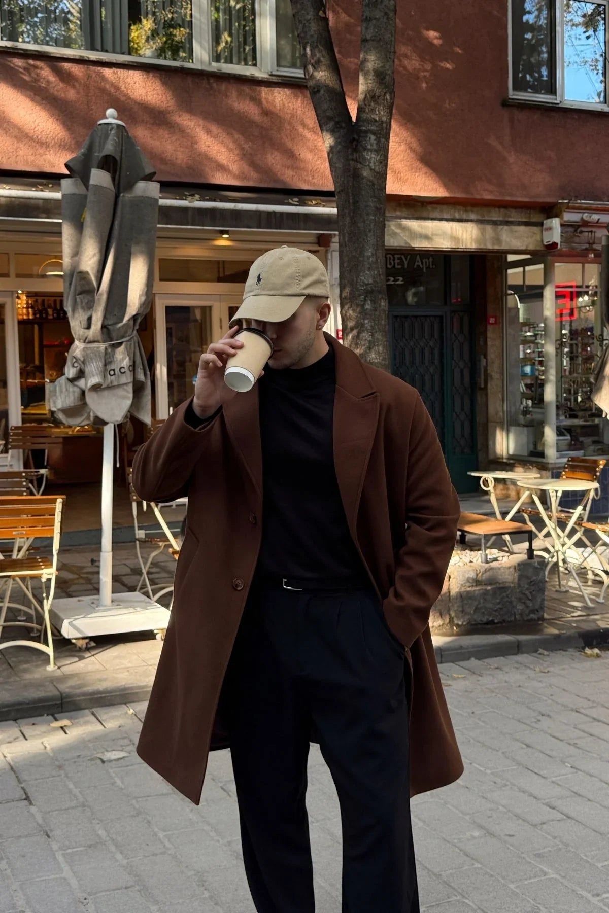 Erkek Regular Fit Düğmeli Cepli Kışlık Astarlı Klasik Uzun Kaşe Kaban - Livio Ferri