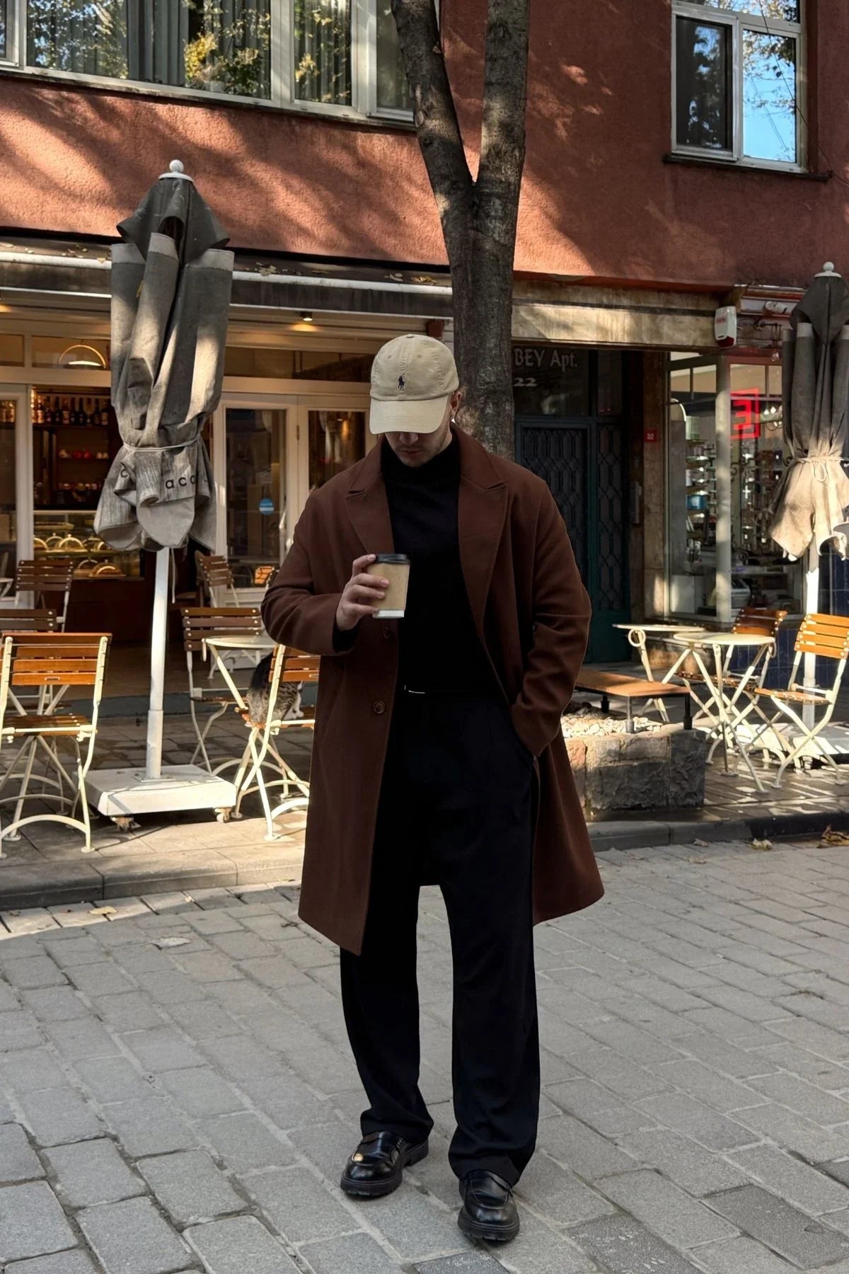 Erkek Regular Fit Düğmeli Cepli Kışlık Astarlı Klasik Uzun Kaşe Kaban - Livio Ferri