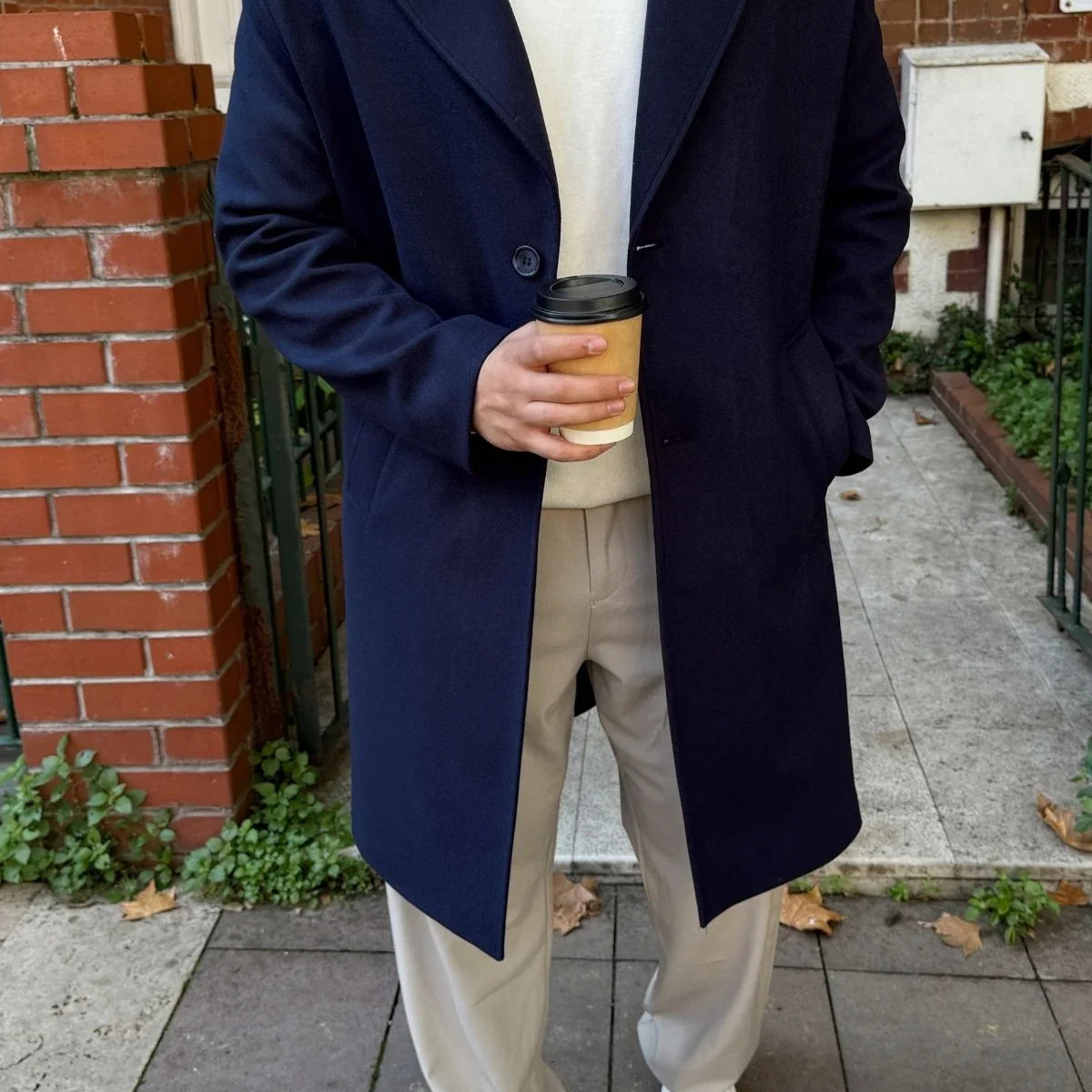 Erkek Regular Fit Düğmeli Cepli Kışlık Astarlı Klasik Uzun Kaşe Kaban - Livio Ferri