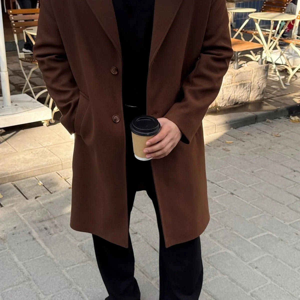 Erkek Regular Fit Düğmeli Cepli Kışlık Astarlı Klasik Uzun Kaşe Kaban - Livio Ferri