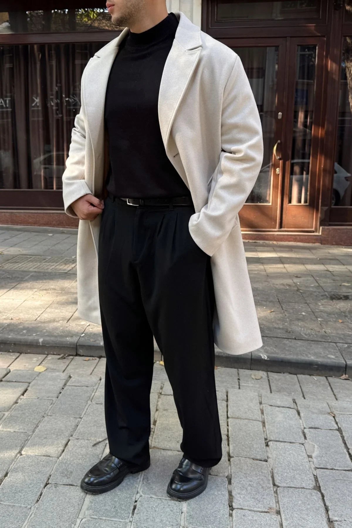 Erkek Regular Fit Düğmeli Cepli Kışlık Astarlı Klasik Uzun Kaşe Kaban - Livio Ferri