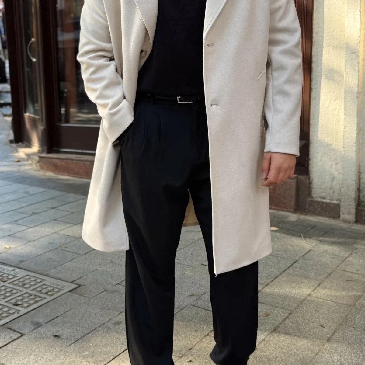 Erkek Regular Fit Düğmeli Cepli Kışlık Astarlı Klasik Uzun Kaşe Kaban - Livio Ferri