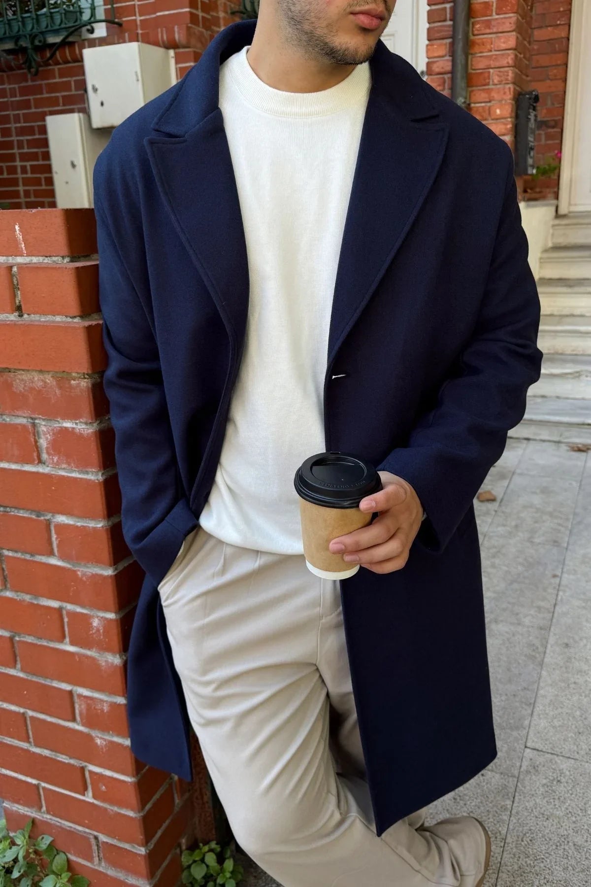 Erkek Regular Fit Düğmeli Cepli Kışlık Astarlı Klasik Uzun Kaşe Kaban - Livio Ferri