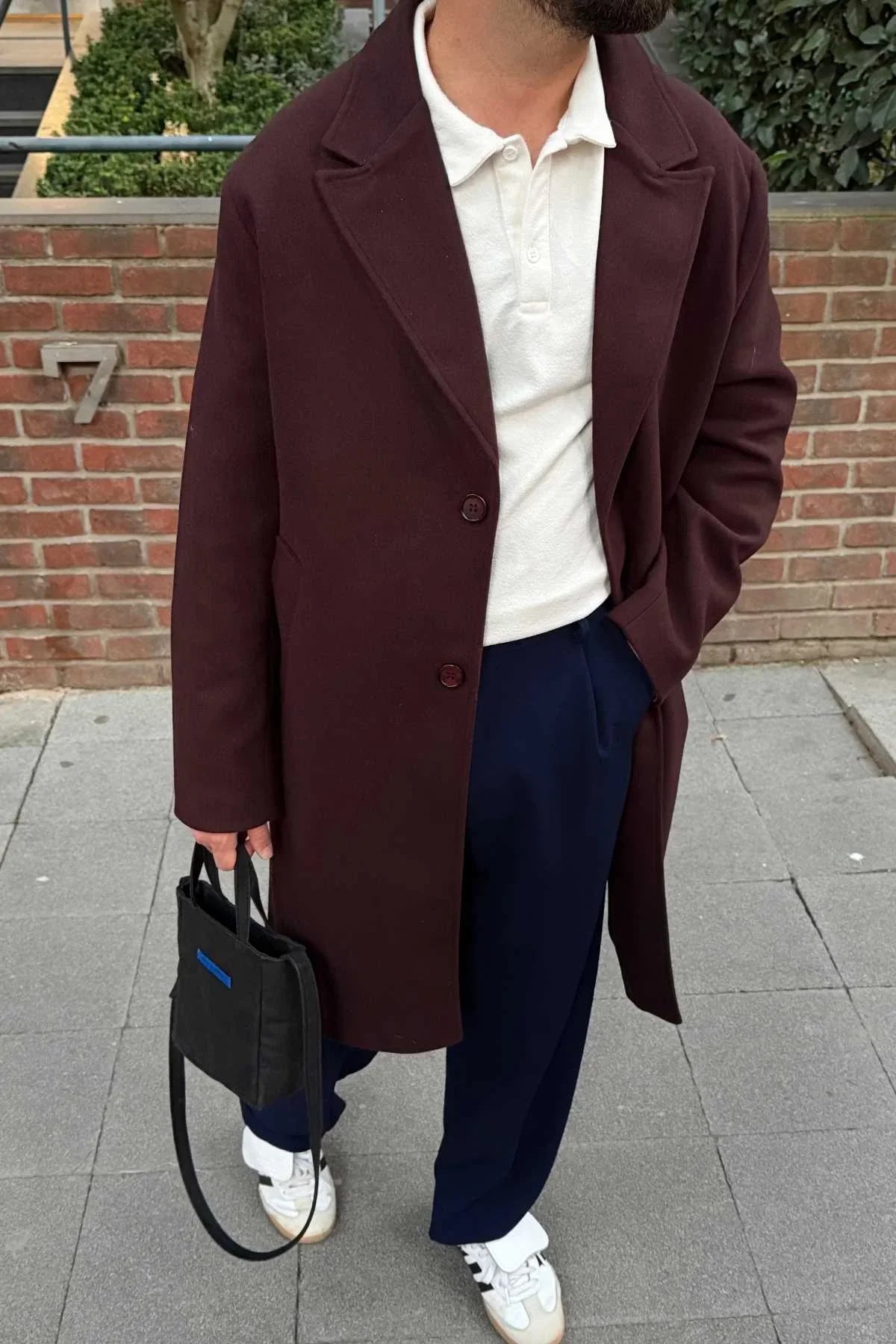 Erkek Regular Fit Düğmeli Cepli Kışlık Astarlı Klasik Uzun Kaşe Kaban - Livio Ferri