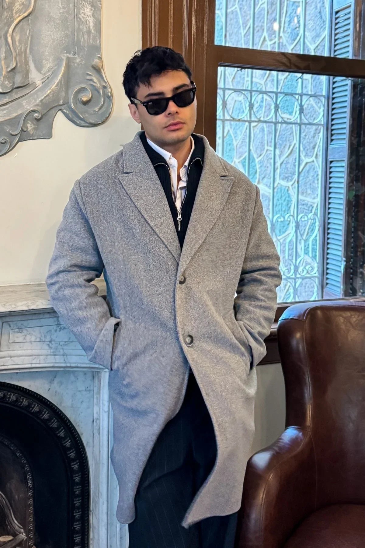 Erkek Regular Fit Düğmeli Cepli Kışlık Astarlı Klasik Uzun Kaşe Kaban - Livio Ferri