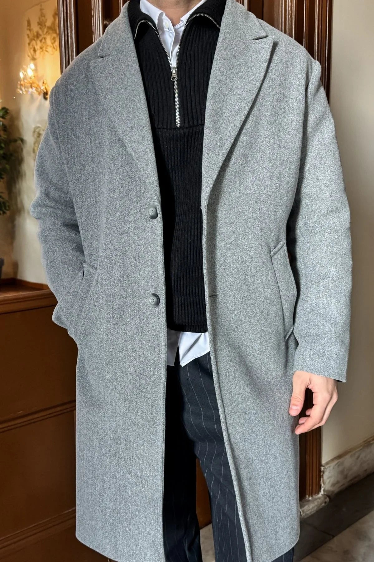 Erkek Regular Fit Düğmeli Cepli Kışlık Astarlı Klasik Uzun Kaşe Kaban - Livio Ferri