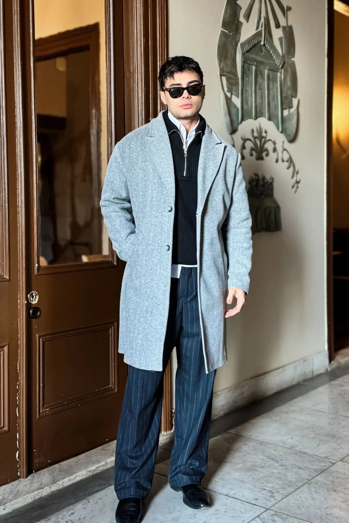 Erkek Regular Fit Düğmeli Cepli Kışlık Astarlı Klasik Uzun Kaşe Kaban - Livio Ferri