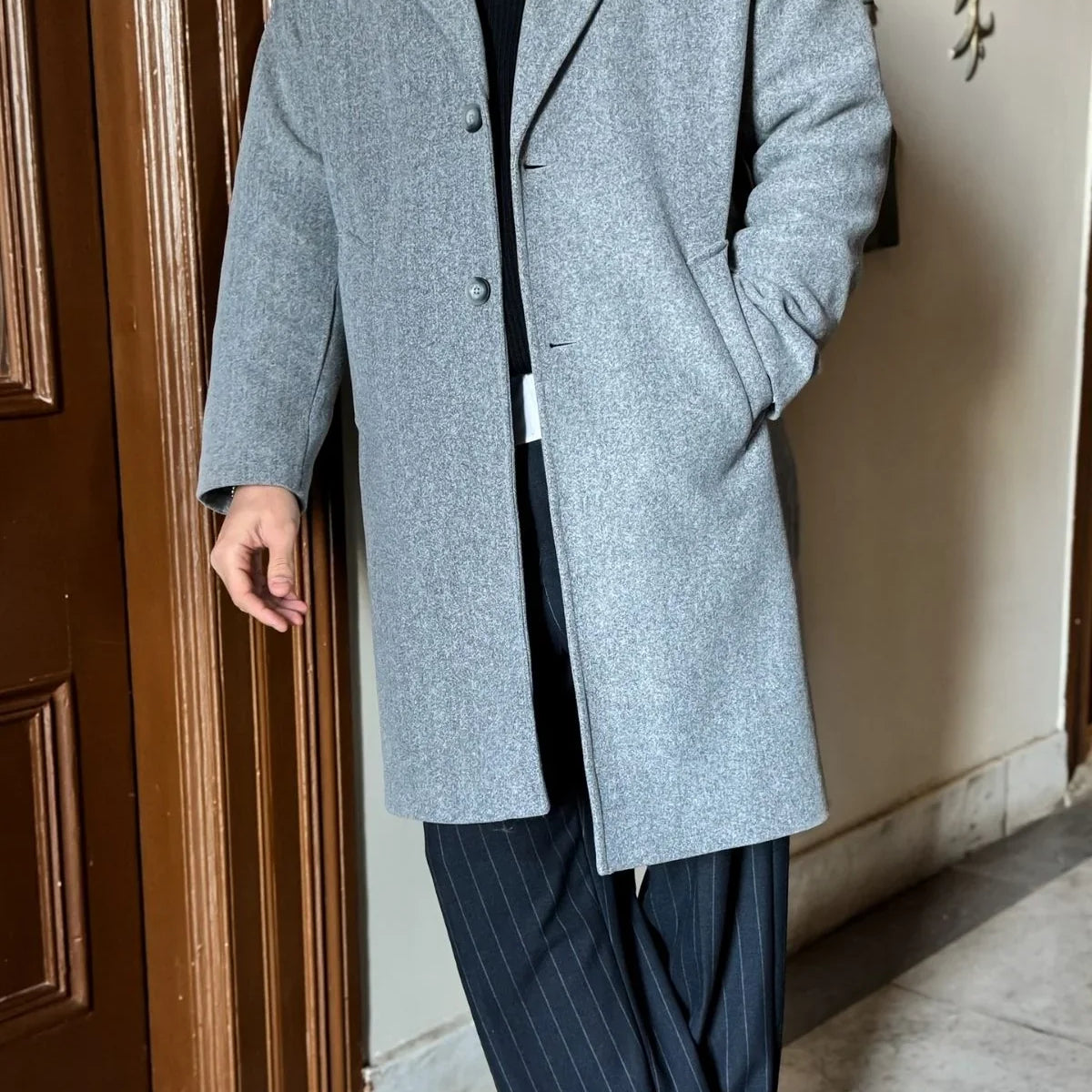 Erkek Regular Fit Düğmeli Cepli Kışlık Astarlı Klasik Uzun Kaşe Kaban - Livio Ferri