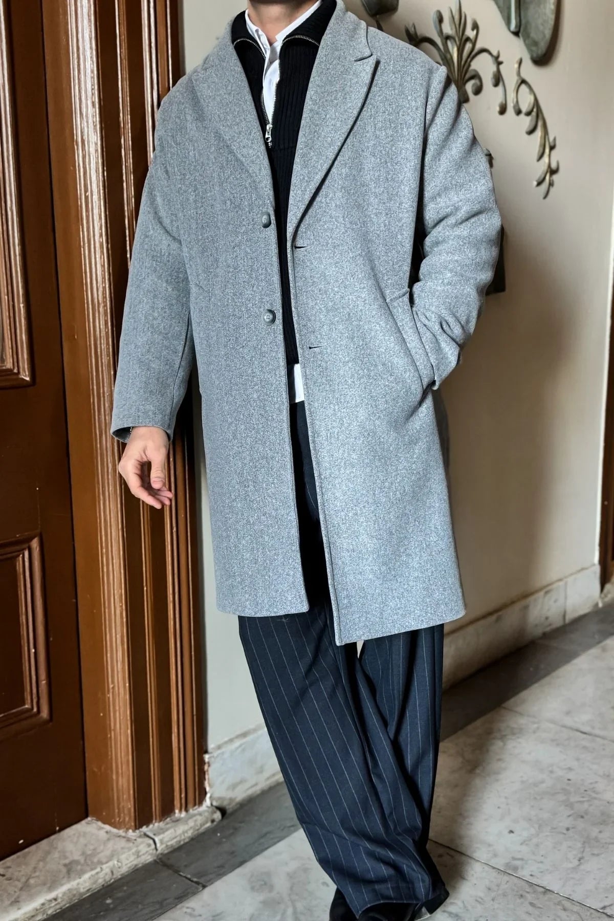 Erkek Regular Fit Düğmeli Cepli Kışlık Astarlı Klasik Uzun Kaşe Kaban - Livio Ferri