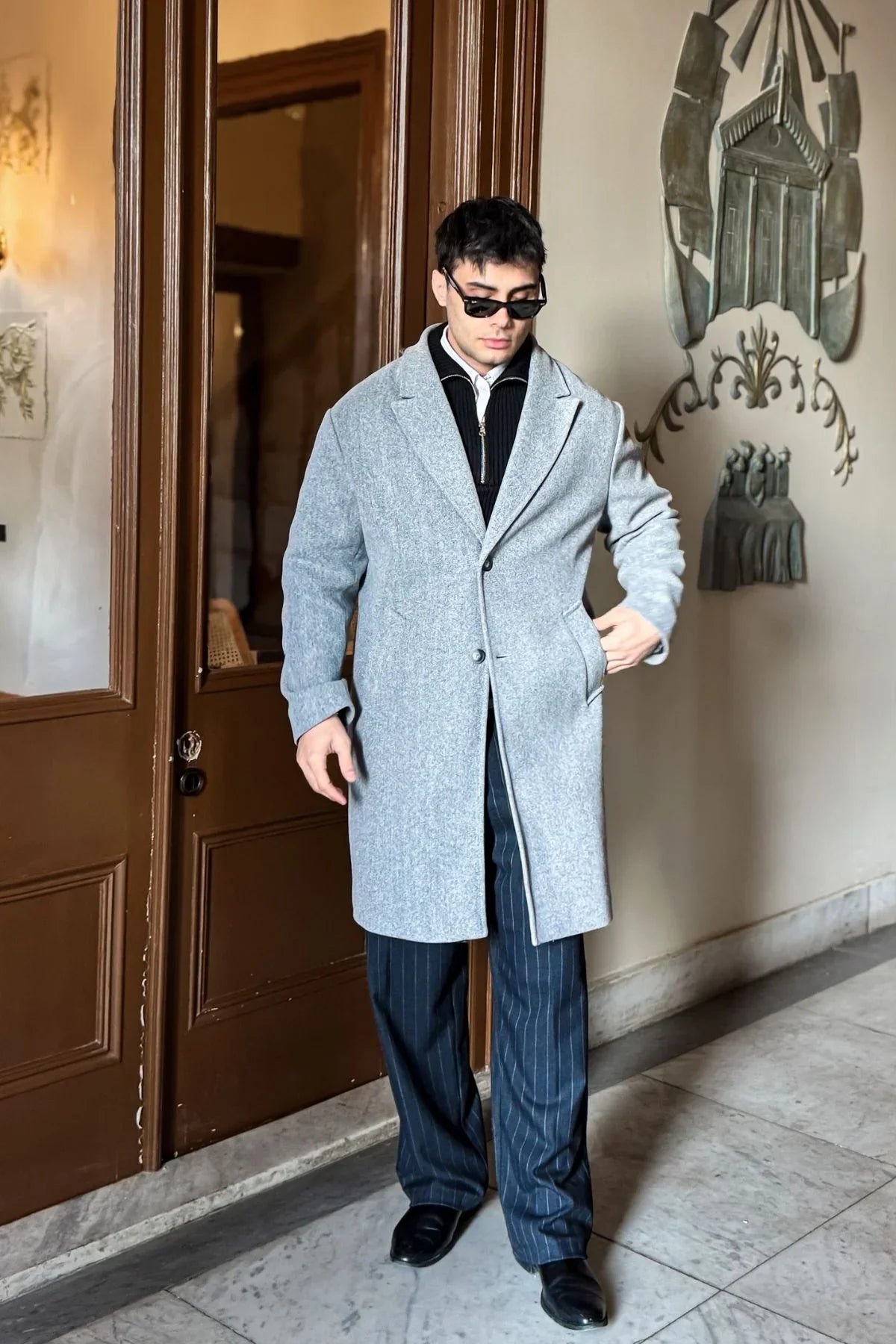 Erkek Regular Fit Düğmeli Cepli Kışlık Astarlı Klasik Uzun Kaşe Kaban - Livio Ferri