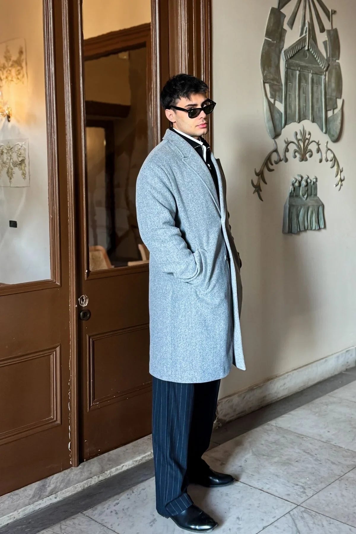 Erkek Regular Fit Düğmeli Cepli Kışlık Astarlı Klasik Uzun Kaşe Kaban - Livio Ferri