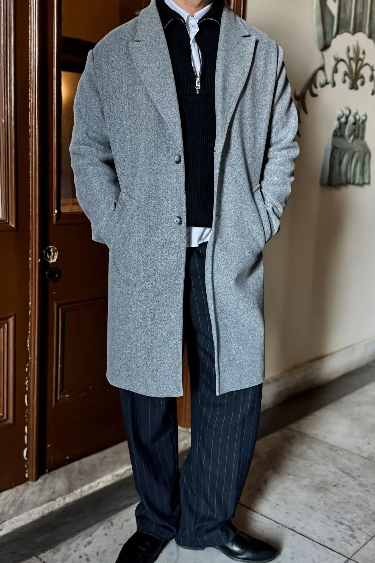 Erkek Regular Fit Düğmeli Cepli Kışlık Astarlı Klasik Uzun Kaşe Kaban - Livio Ferri