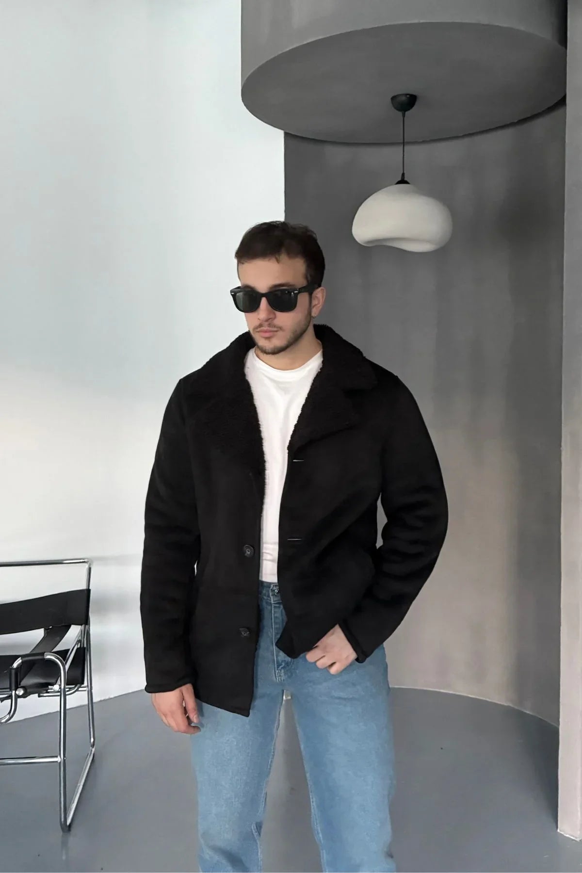 Erkek Regular Fit Içi Kürklü Düğmeli Katlı Yaka Yandan Cepli Klasik Süet Mont - Livio Ferri