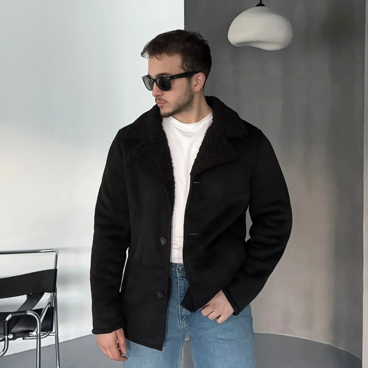 Erkek Regular Fit Içi Kürklü Düğmeli Katlı Yaka Yandan Cepli Klasik Süet Mont