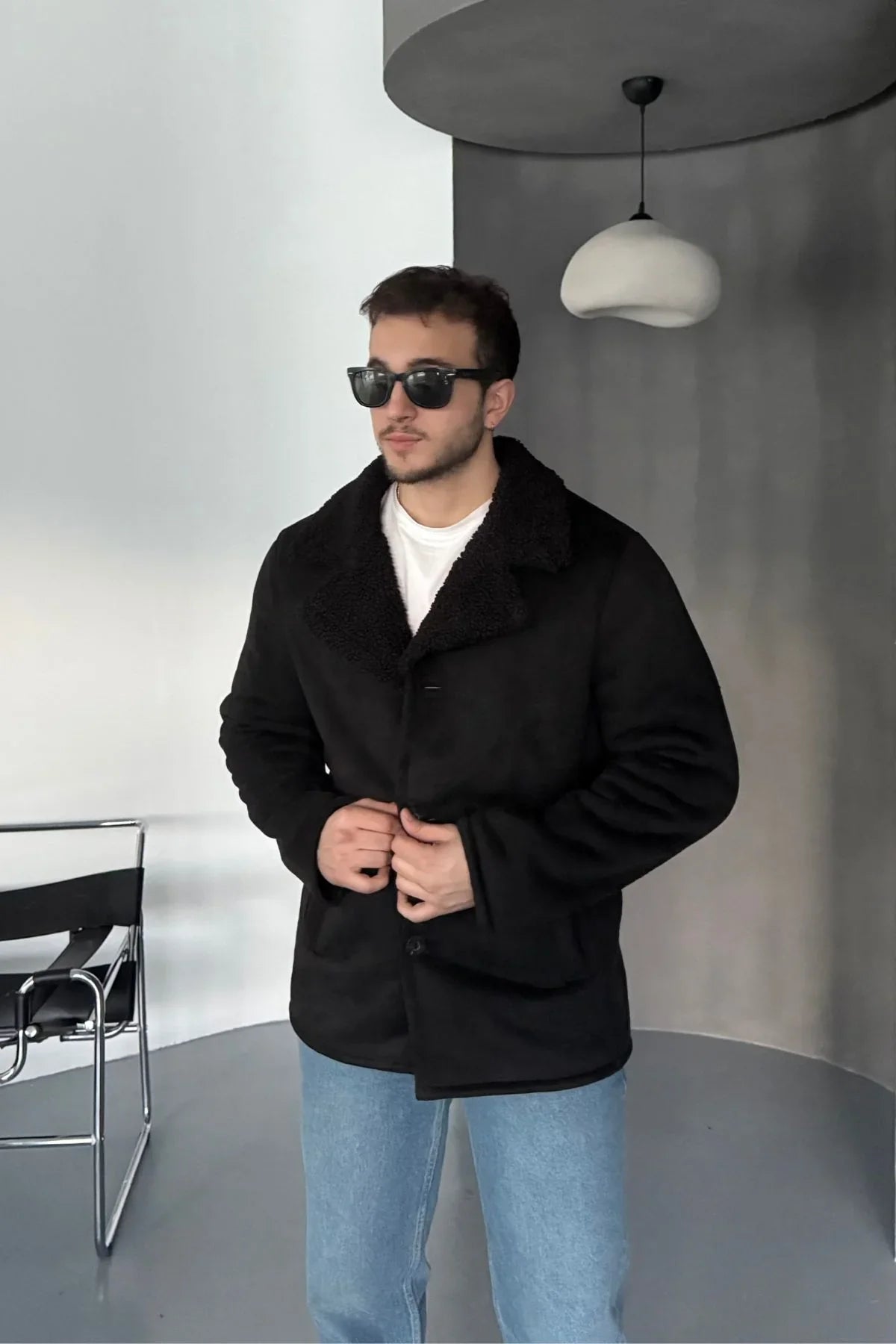 Erkek Regular Fit Içi Kürklü Düğmeli Katlı Yaka Yandan Cepli Klasik Süet Mont - Livio Ferri