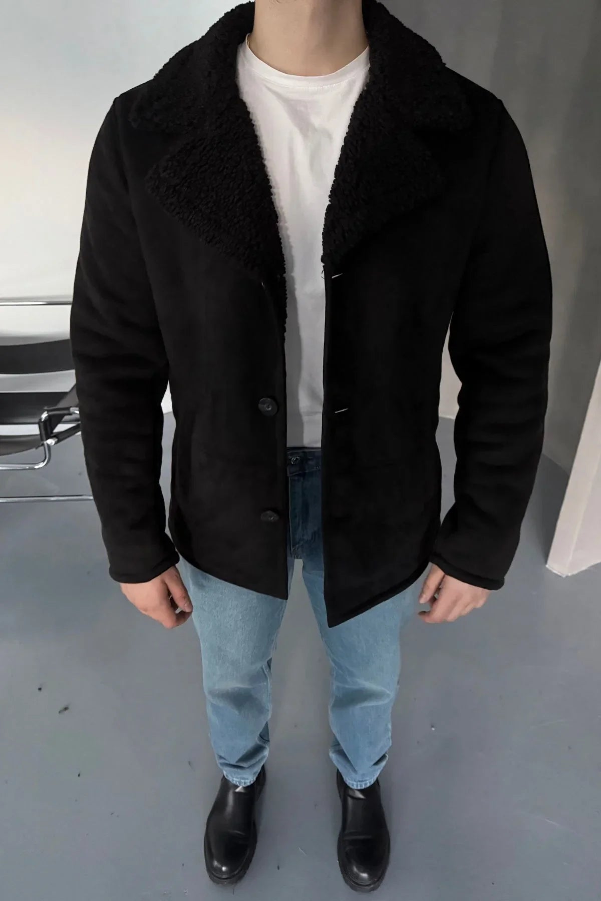 Erkek Regular Fit Içi Kürklü Düğmeli Katlı Yaka Yandan Cepli Klasik Süet Mont - Livio Ferri