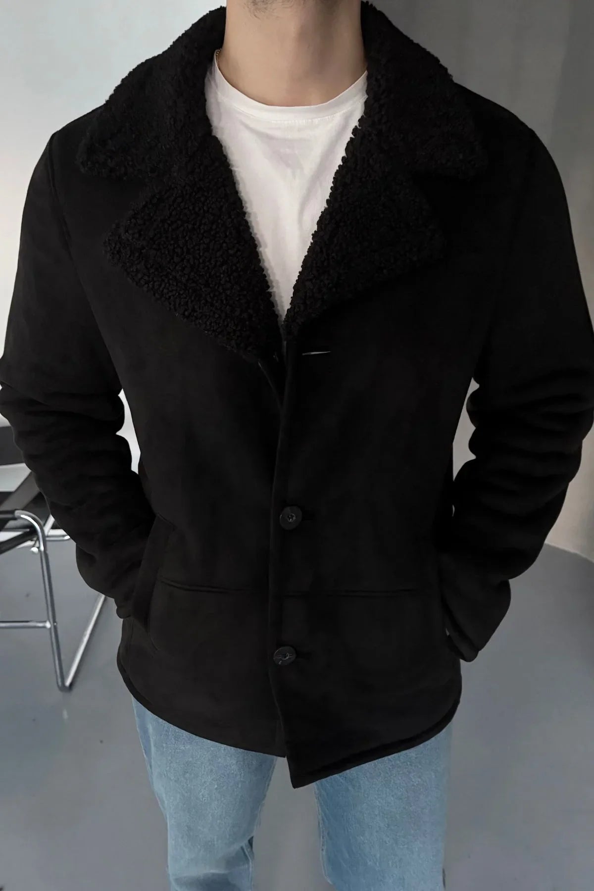 Erkek Regular Fit Içi Kürklü Düğmeli Katlı Yaka Yandan Cepli Klasik Süet Mont - Livio Ferri