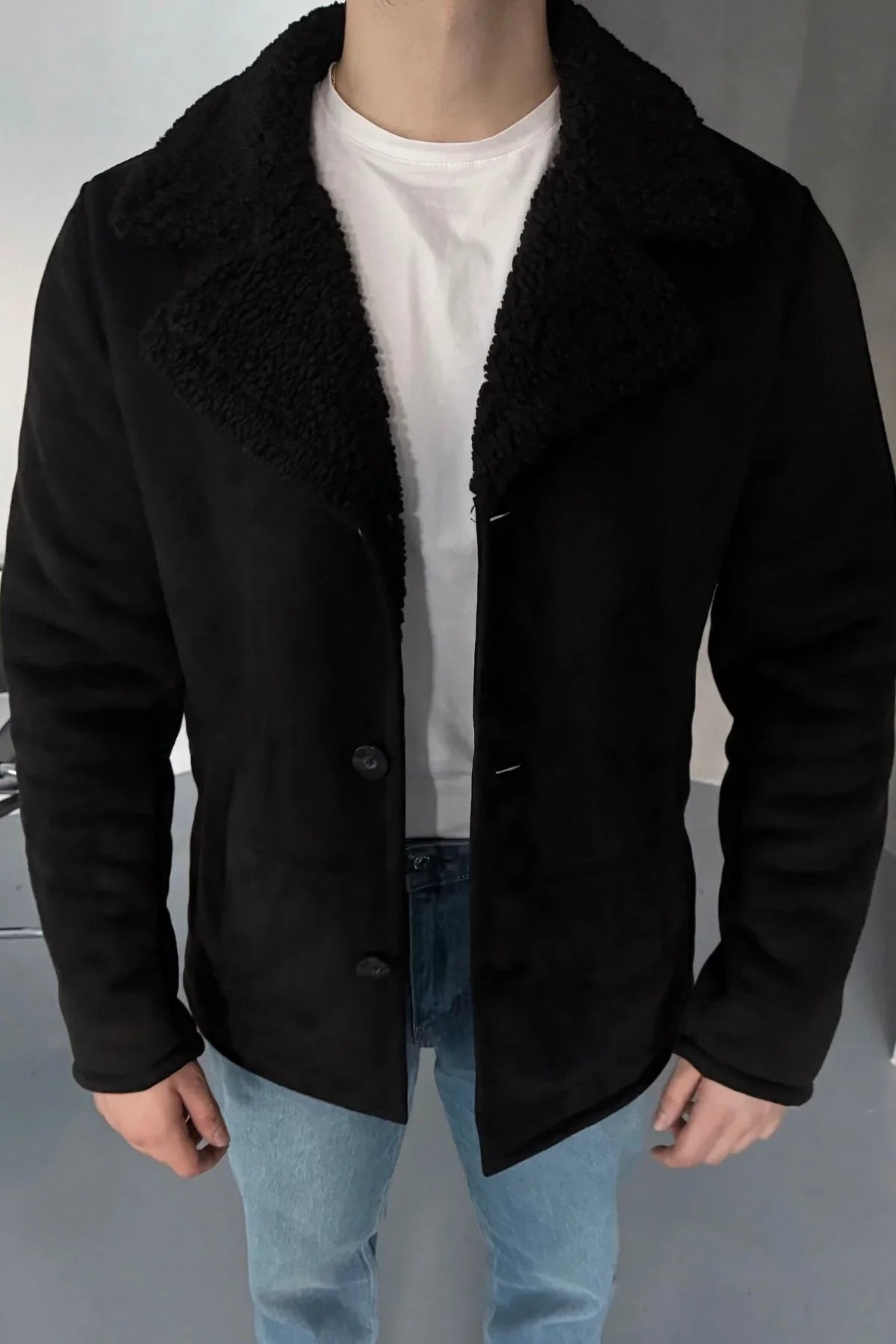 Erkek Regular Fit Içi Kürklü Düğmeli Katlı Yaka Yandan Cepli Klasik Süet Mont - Livio Ferri