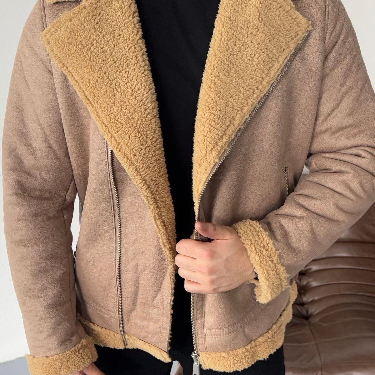 Erkek Regular Fit İçi Yünlü Fermuar Detaylı Deri İşçilikli Klasik Suni Deri Mont - Livio Ferri