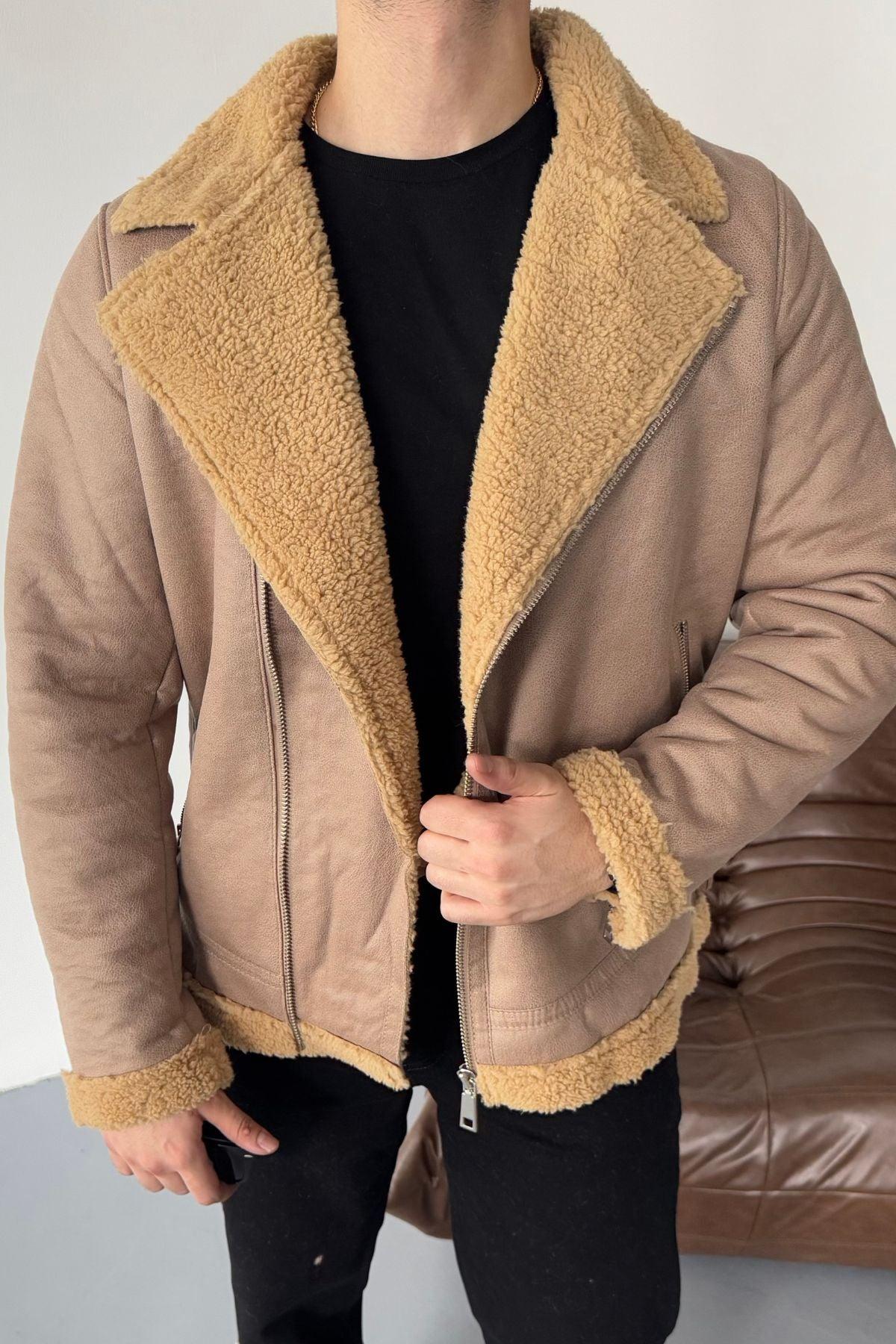 Erkek Regular Fit İçi Yünlü Fermuar Detaylı Deri İşçilikli Klasik Suni Deri Mont - Livio Ferri