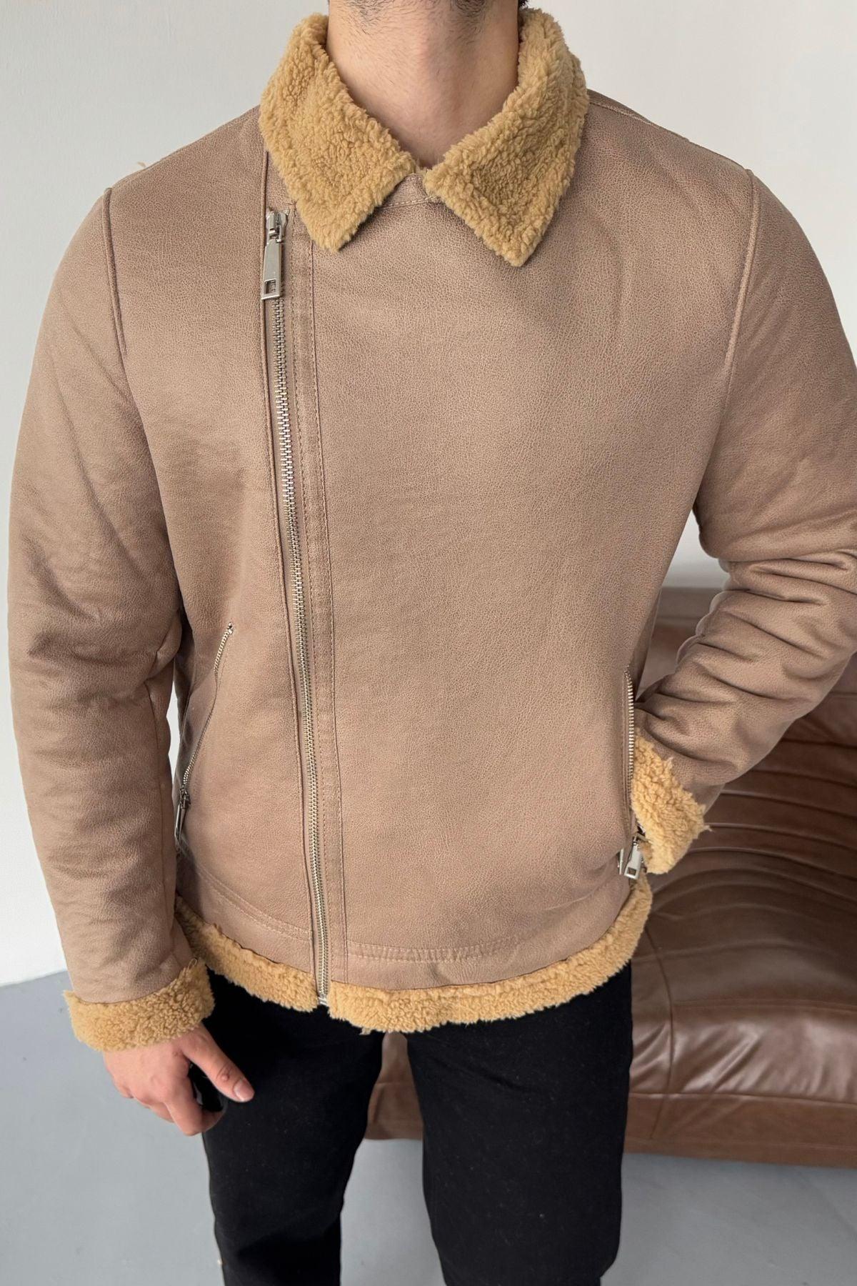 Erkek Regular Fit İçi Yünlü Fermuar Detaylı Deri İşçilikli Klasik Suni Deri Mont - Livio Ferri