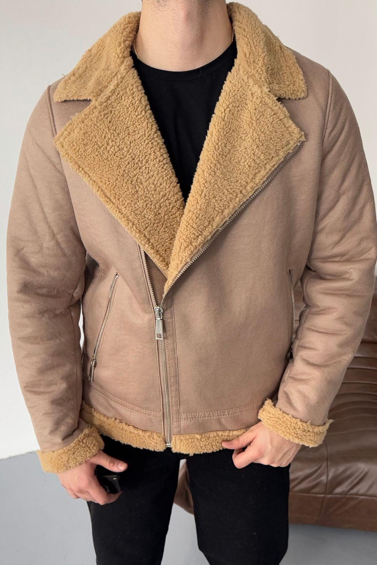 Erkek Regular Fit İçi Yünlü Fermuar Detaylı Deri İşçilikli Klasik Suni Deri Mont - Livio Ferri