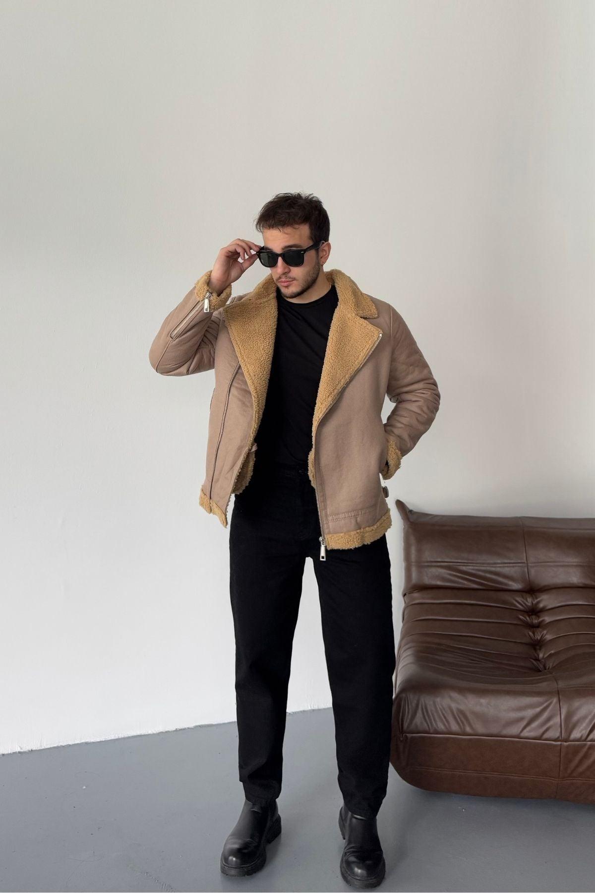 Erkek Regular Fit İçi Yünlü Fermuar Detaylı Deri İşçilikli Klasik Suni Deri Mont - Livio Ferri