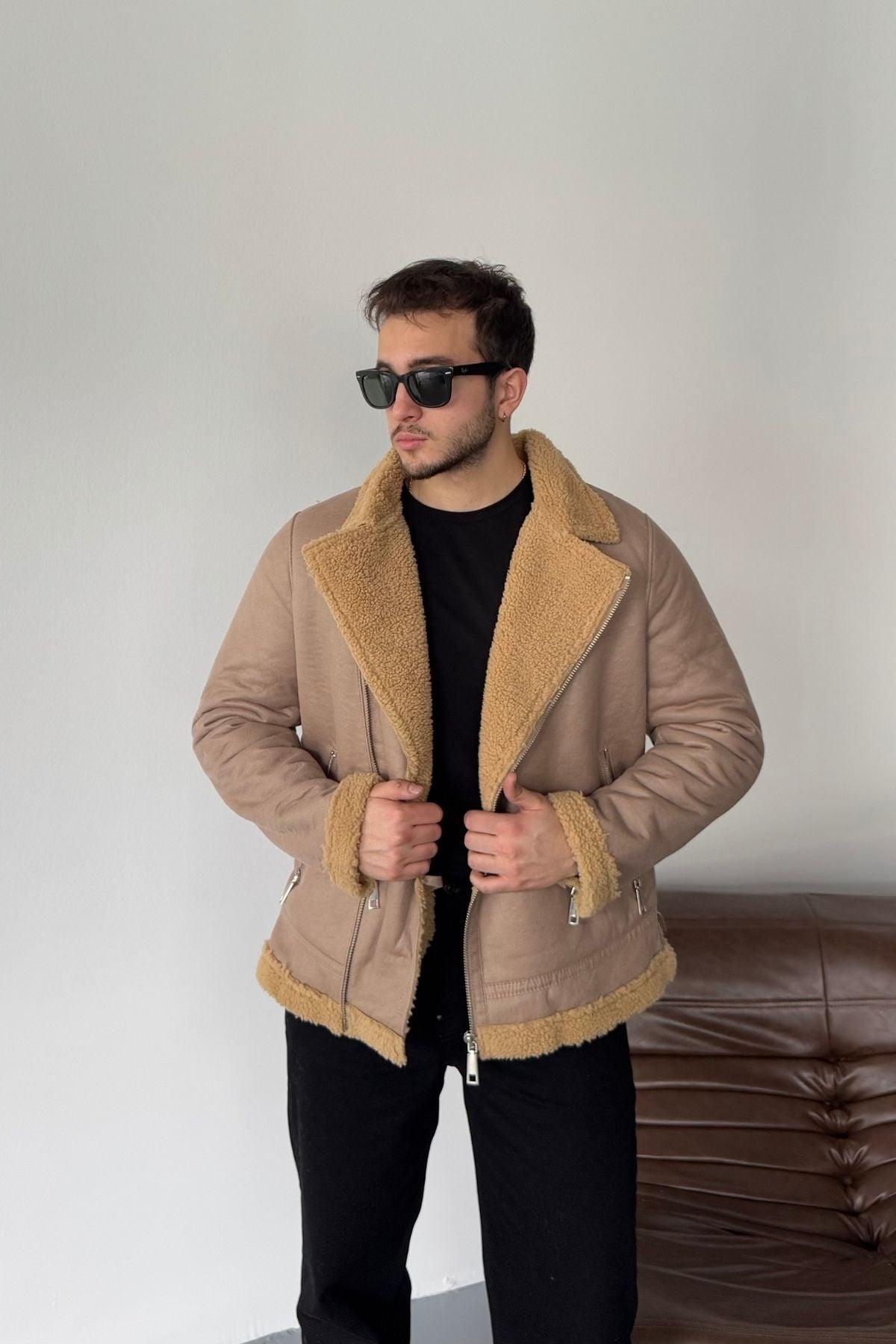 Erkek Regular Fit İçi Yünlü Fermuar Detaylı Deri İşçilikli Klasik Suni Deri Mont - Livio Ferri