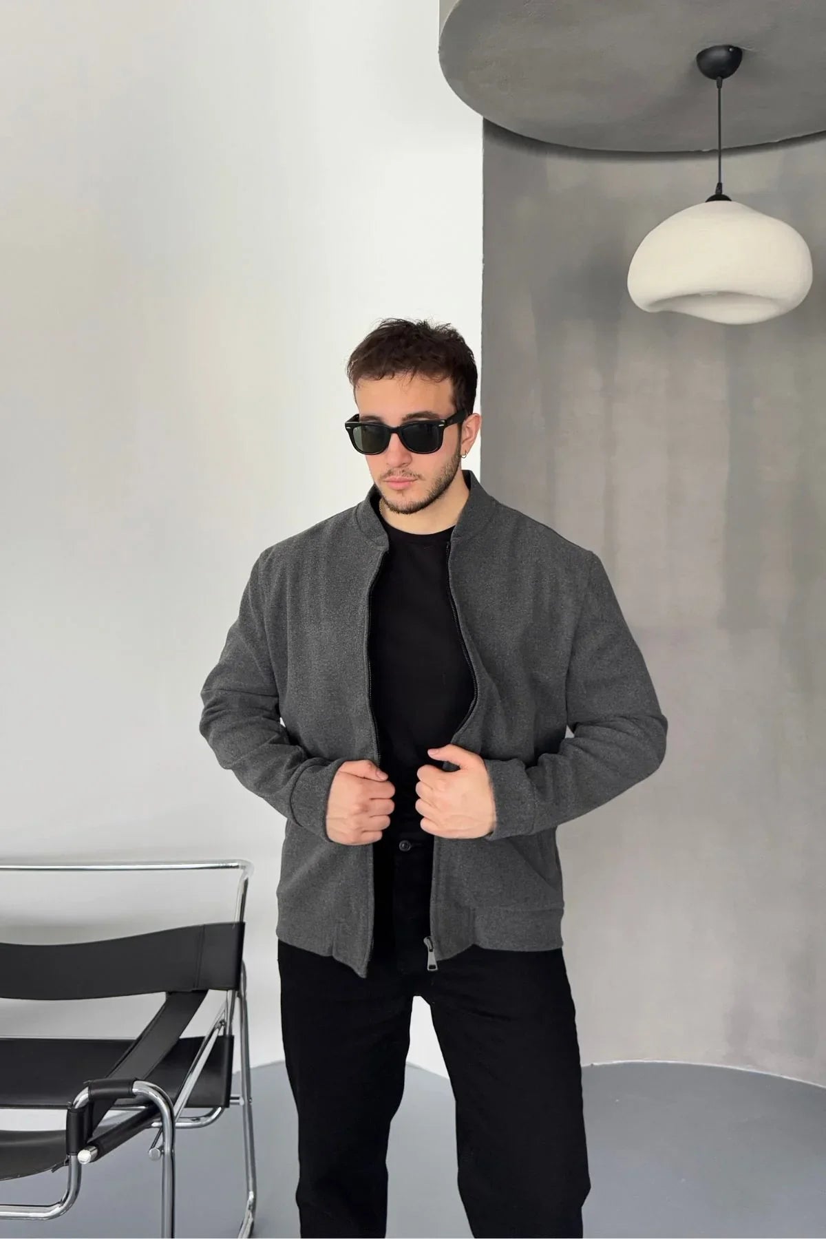 Erkek Regular Fit Pilot Yaka Fermuarlı Cepli Kışlık Astarsız Kaşe Mont - Livio Ferri