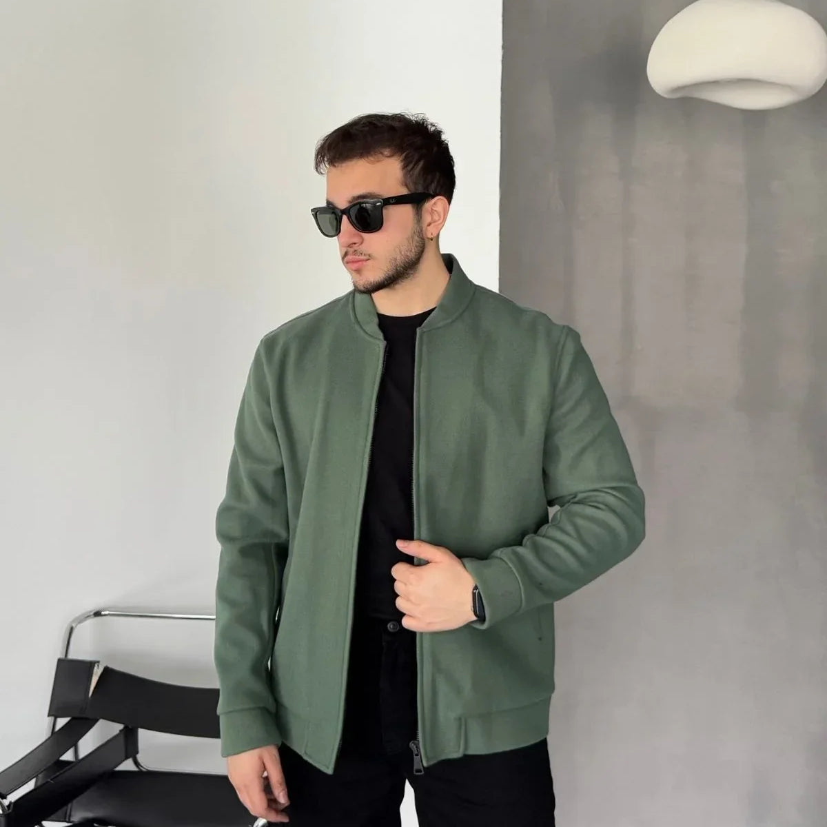 Erkek Regular Fit Pilot Yaka Fermuarlı Cepli Kışlık Astarsız Kaşe Mont - Livio Ferri