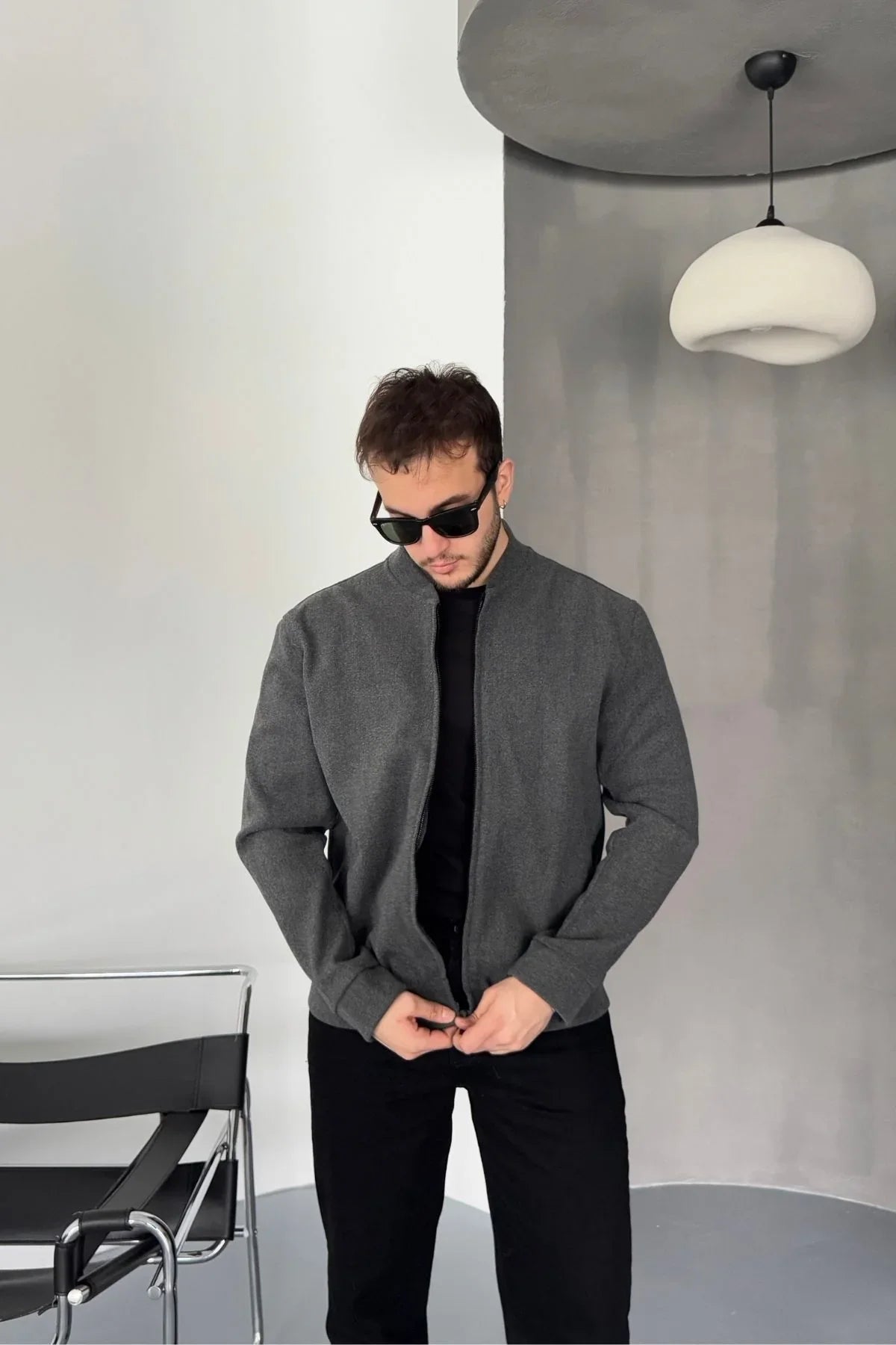 Erkek Regular Fit Pilot Yaka Fermuarlı Cepli Kışlık Astarsız Kaşe Mont - Livio Ferri