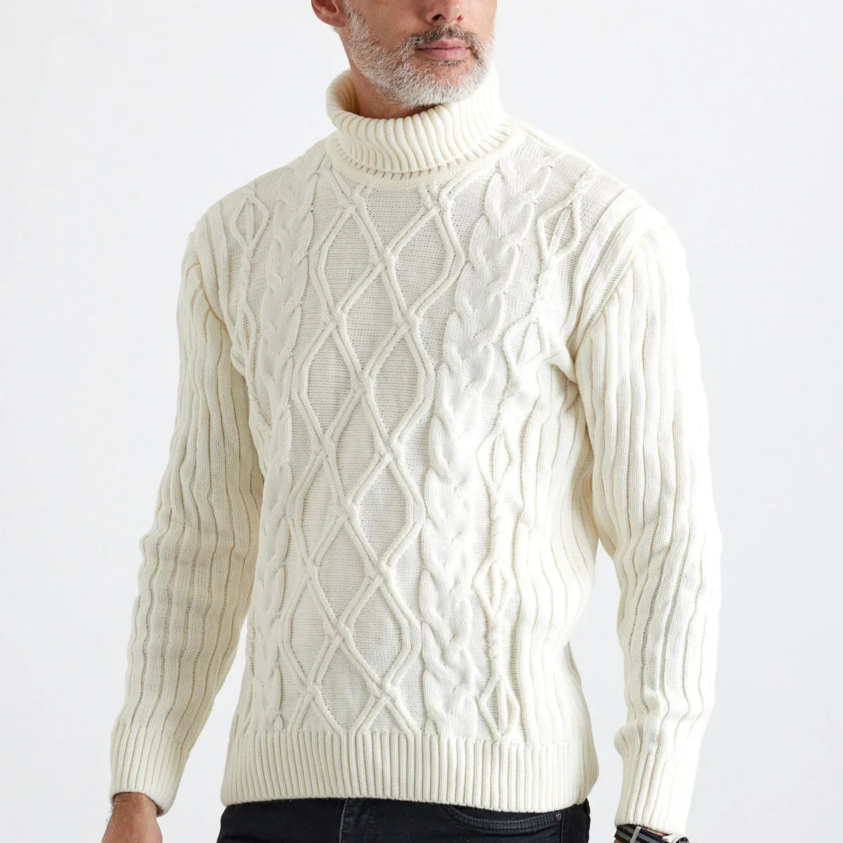 Erkek Saç Örgülü Baklava Desenli Tam Balıkçı Fitilli Kalın Triko Kazak