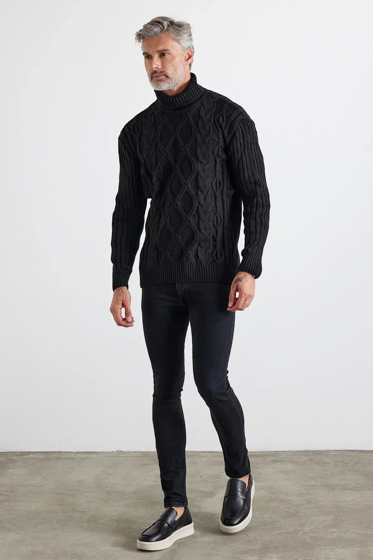 Erkek Saç Örgülü Baklava Desenli Tam Balıkçı Fitilli Kalın Triko Kazak - Livio Ferri