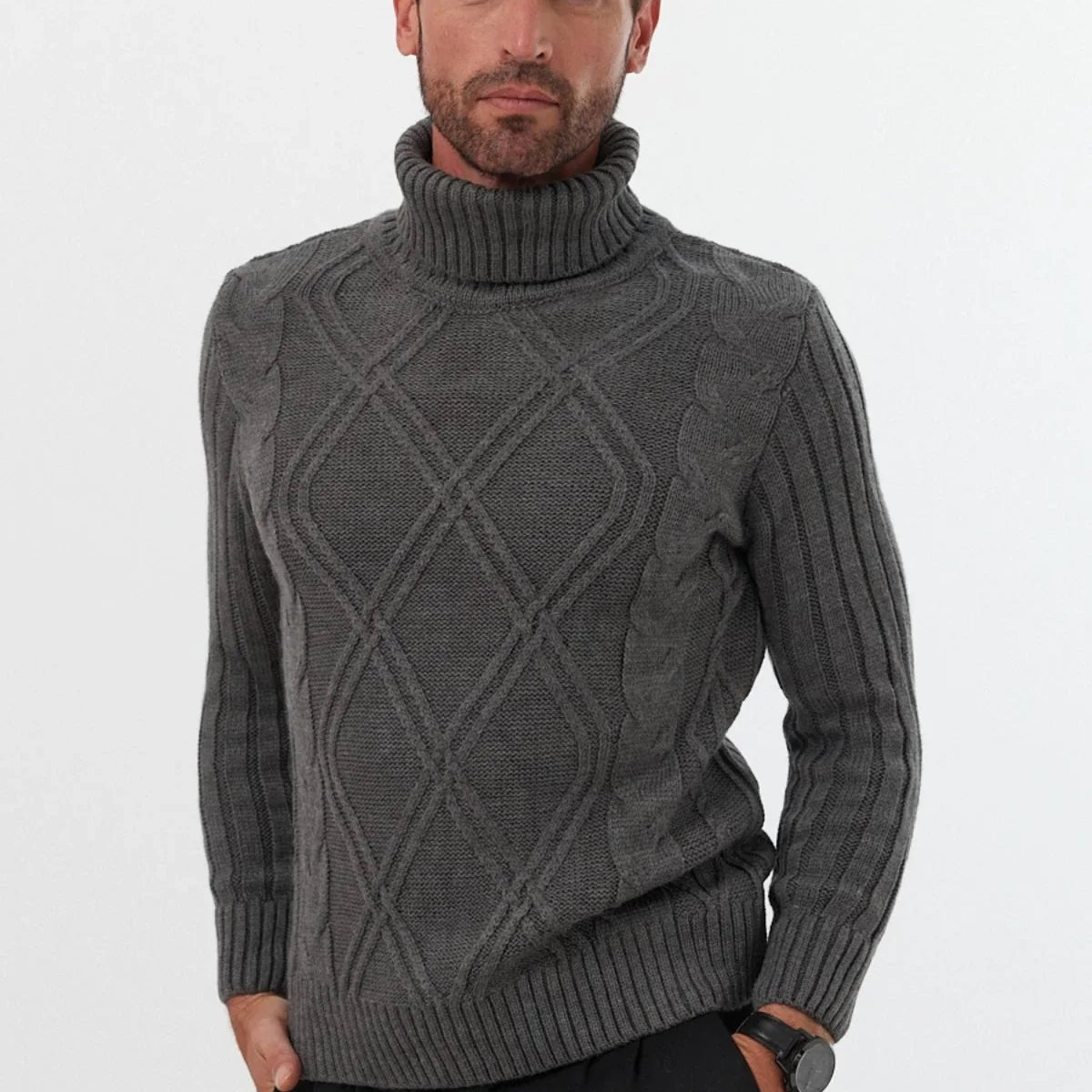 Erkek Saç Örgülü Baklava Desenli Tam Balıkçı Fitilli Kalın Triko Kazak
