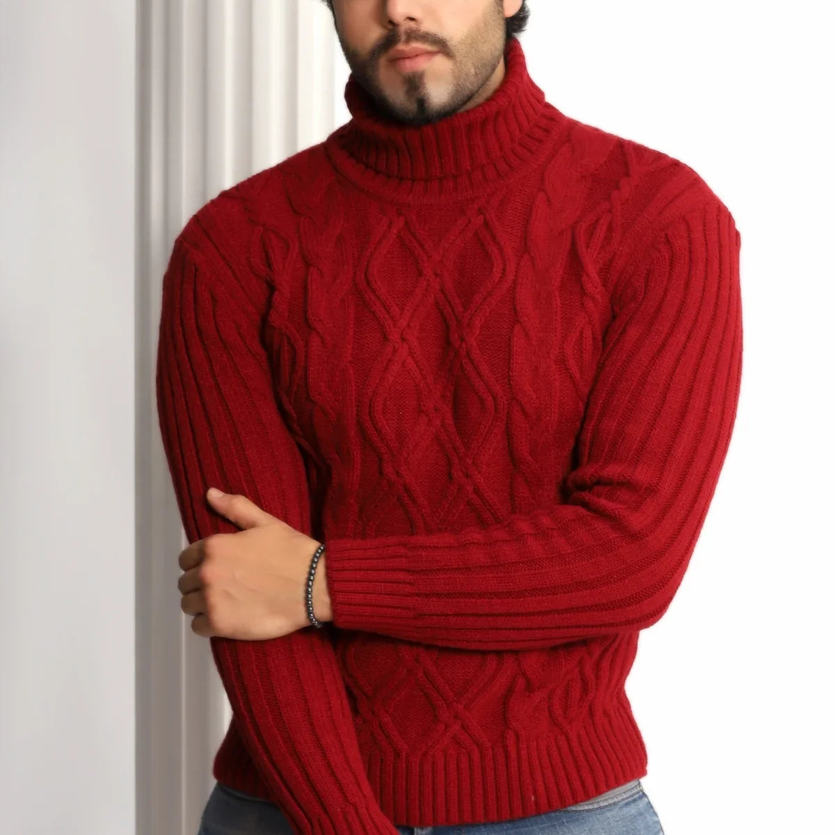 Erkek Saç Örgülü Baklava Desenli Tam Balıkçı Fitilli Kalın Triko Kazak