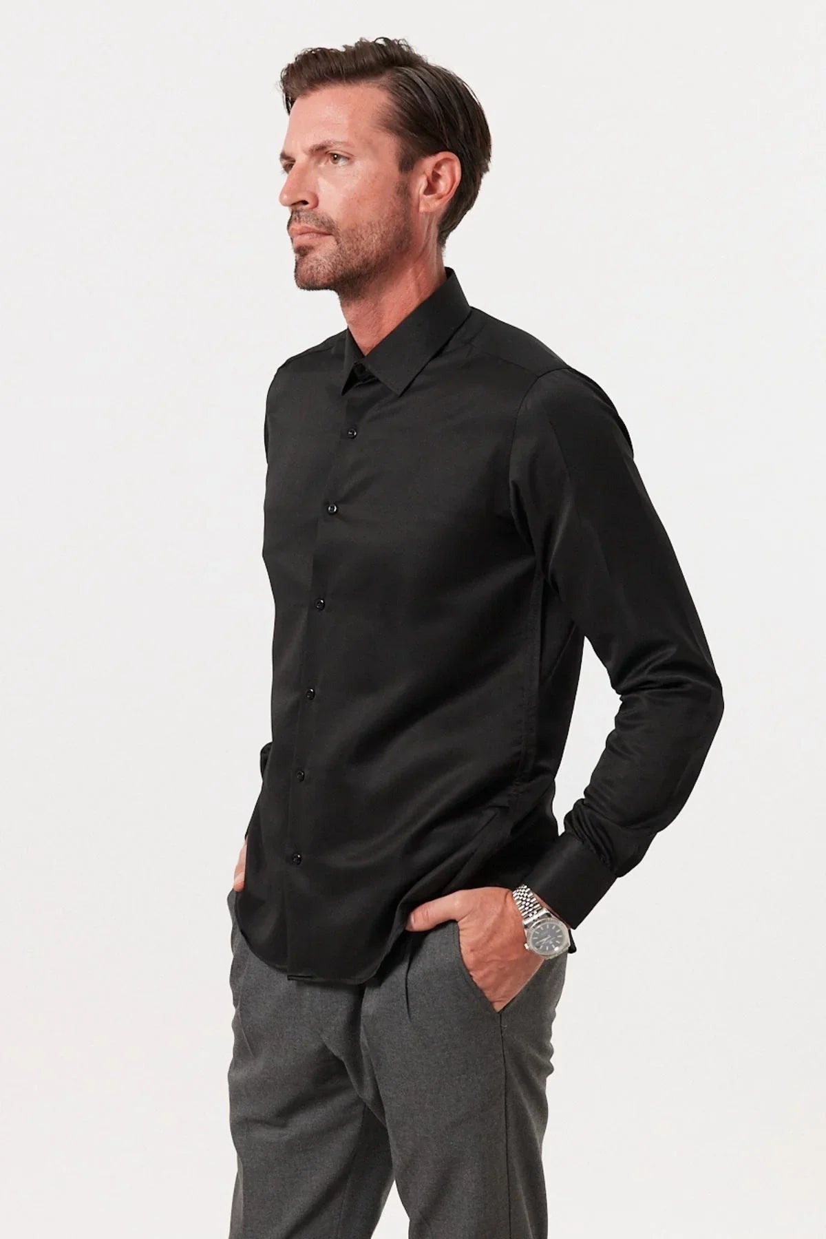 Erkek Slim Fit 4 Mevsim Kolay Ütülenir Basic Düz Gömlek - Livio Ferri