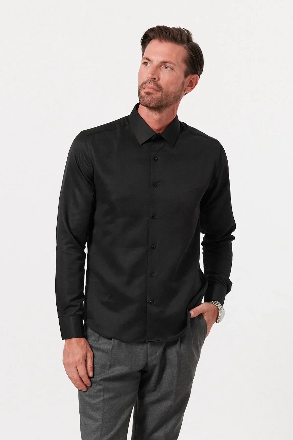 Erkek Slim Fit 4 Mevsim Kolay Ütülenir Basic Düz Gömlek - Livio Ferri
