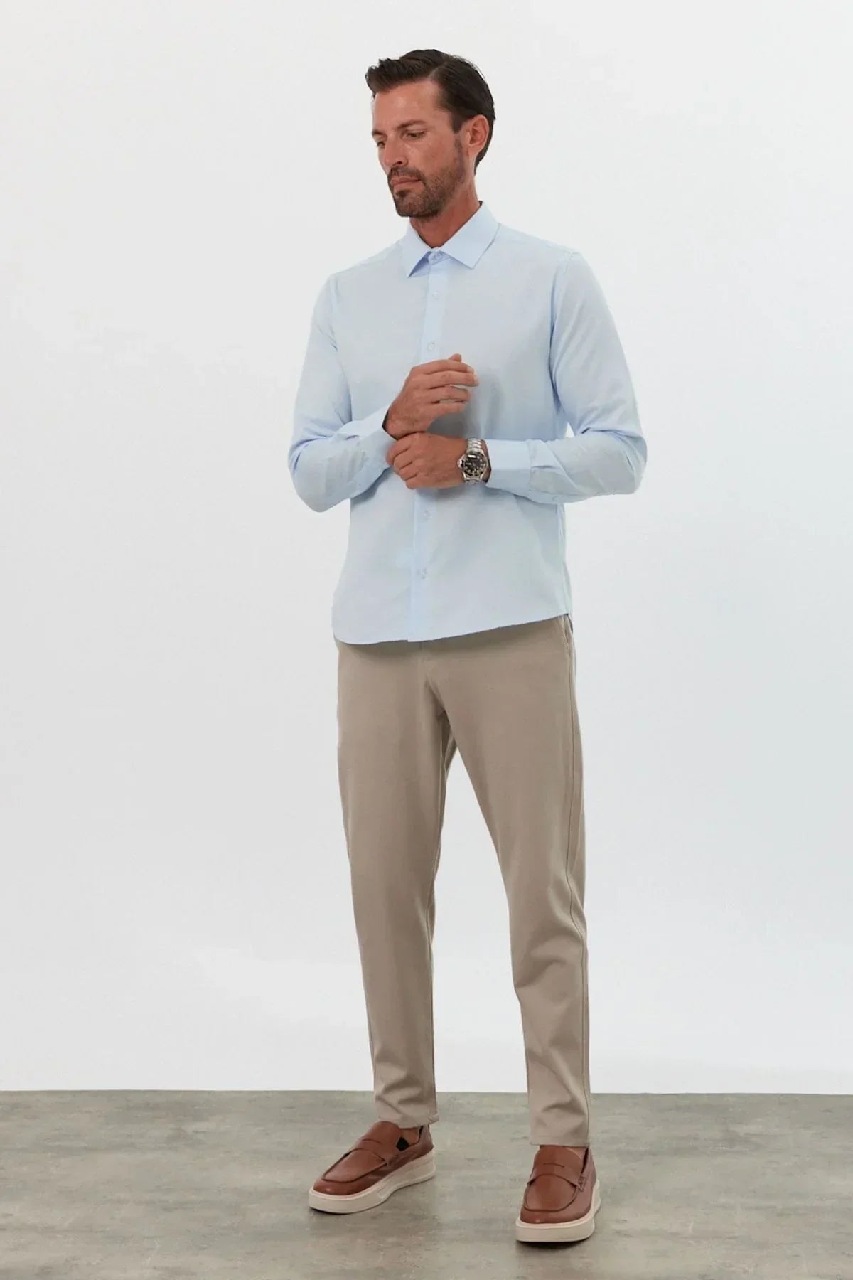 Erkek Slim Fit 4 Mevsim Kolay Ütülenir Basic Düz Gömlek - Livio Ferri
