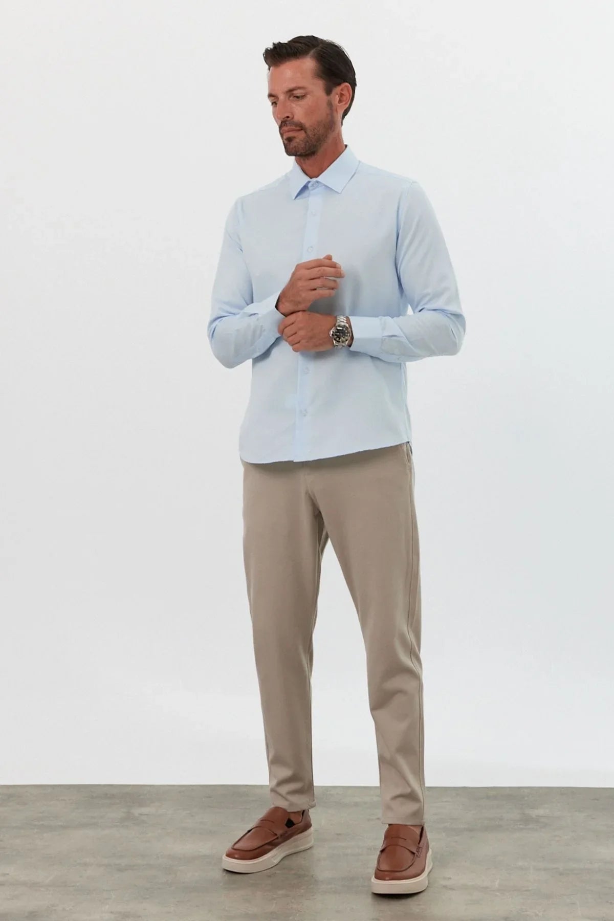 Erkek Slim Fit 4 Mevsim Kolay Ütülenir Basic Düz Gömlek - Livio Ferri