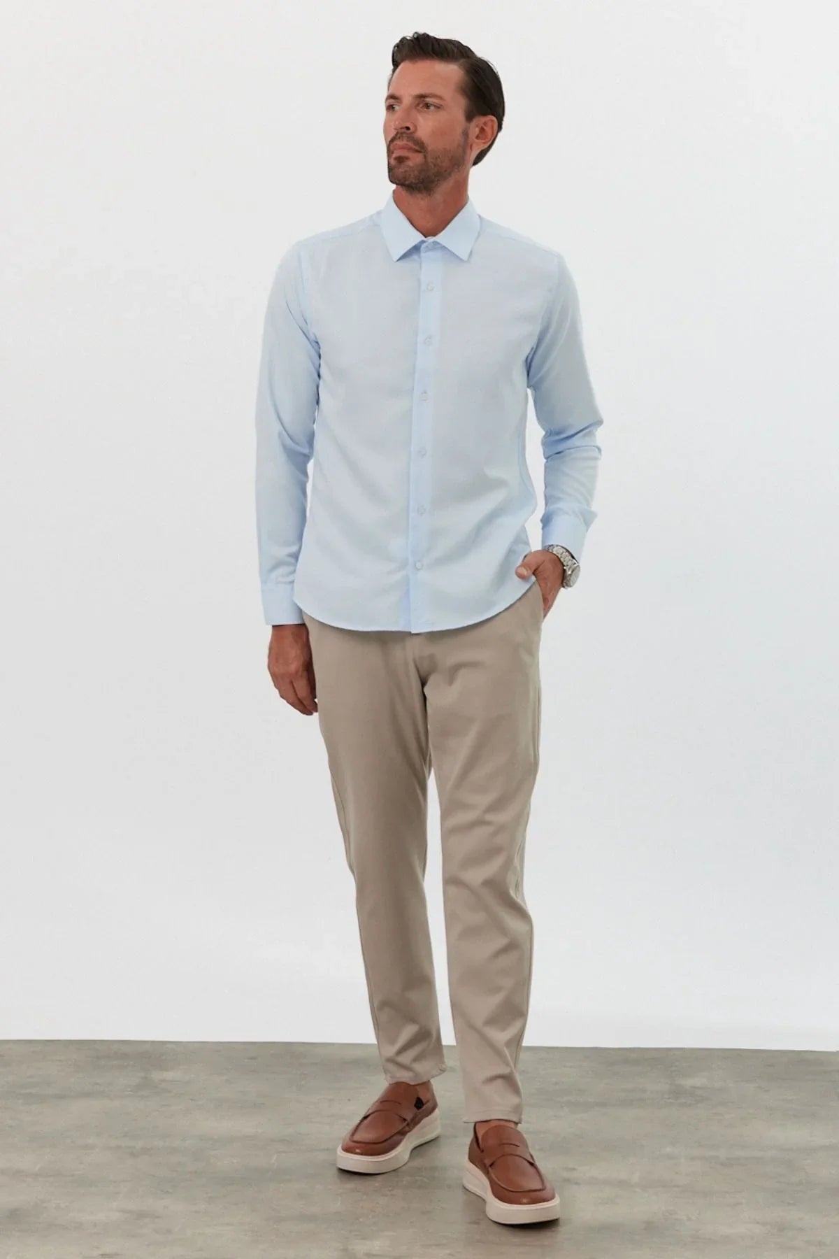 Erkek Slim Fit 4 Mevsim Kolay Ütülenir Basic Düz Gömlek - Livio Ferri