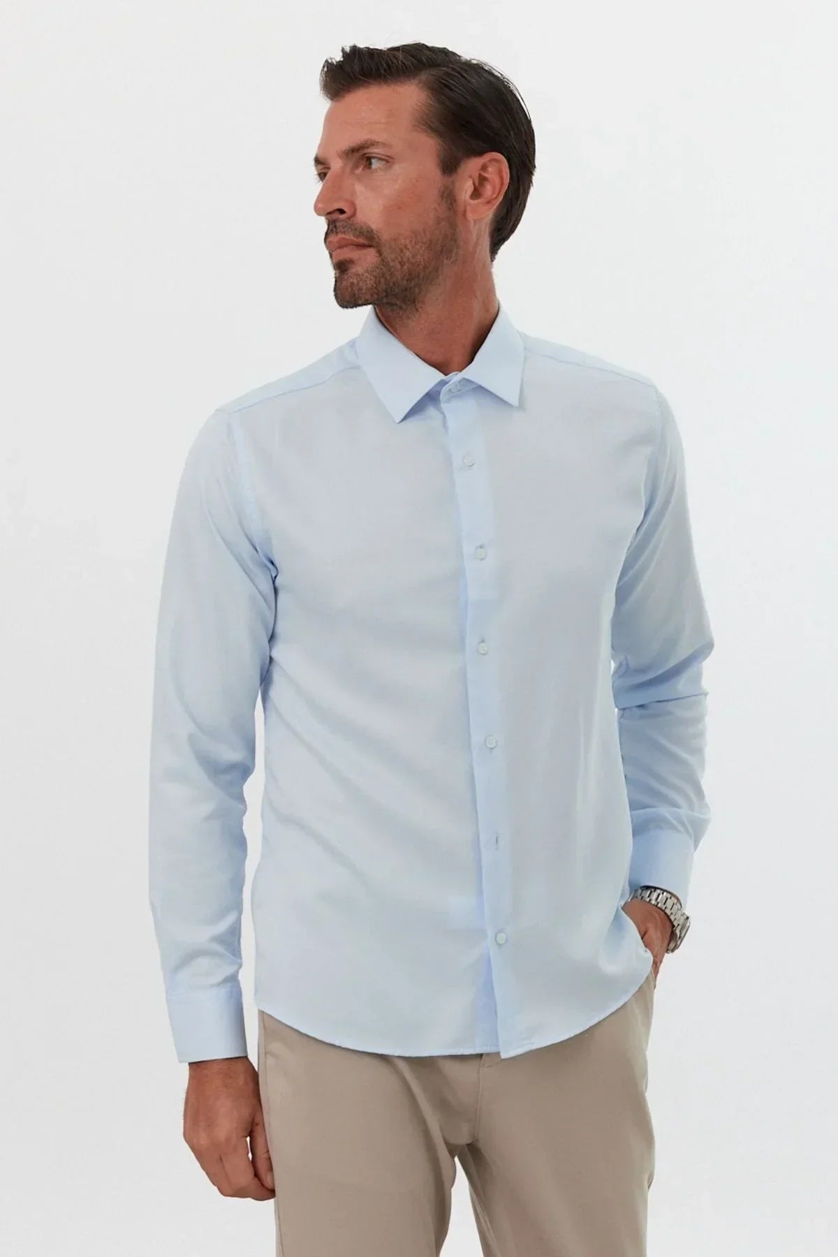 Erkek Slim Fit 4 Mevsim Kolay Ütülenir Basic Düz Gömlek - Livio Ferri