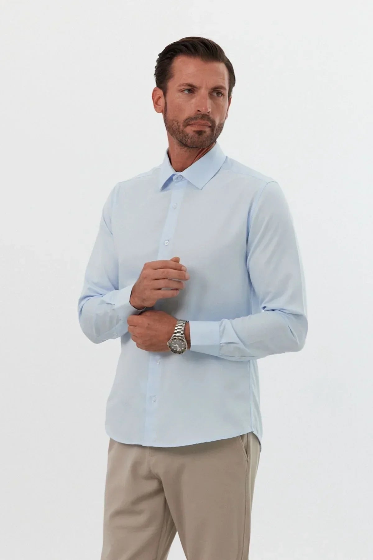 Erkek Slim Fit 4 Mevsim Kolay Ütülenir Basic Düz Gömlek - Livio Ferri