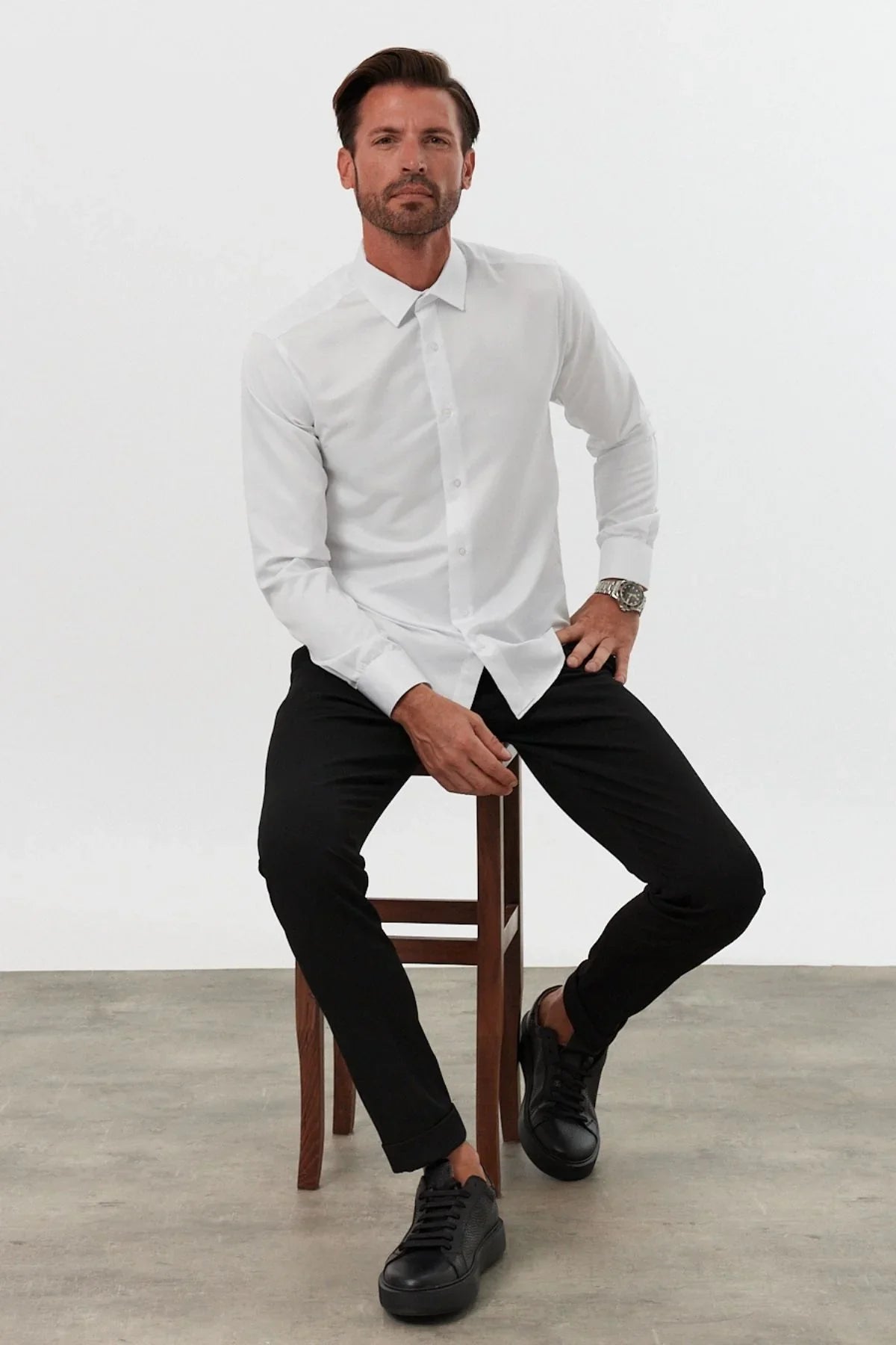 Erkek Slim Fit 4 Mevsim Kolay Ütülenir Basic Düz Gömlek - Livio Ferri