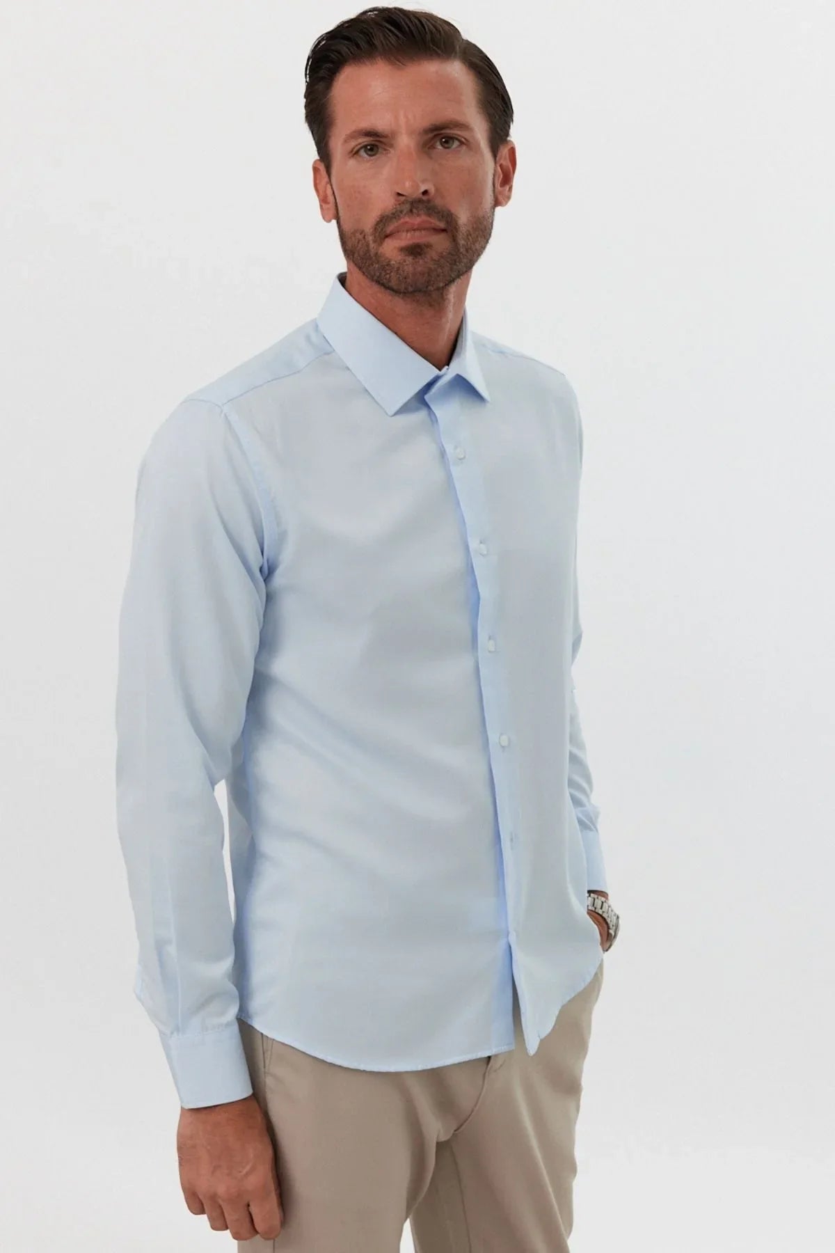 Erkek Slim Fit 4 Mevsim Kolay Ütülenir Basic Düz Gömlek - Livio Ferri